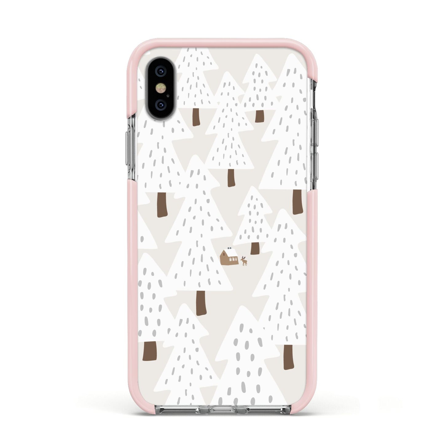 White Christmas Forest Apple iPhone Xs Impact Case Pink Edge on Silver Phone