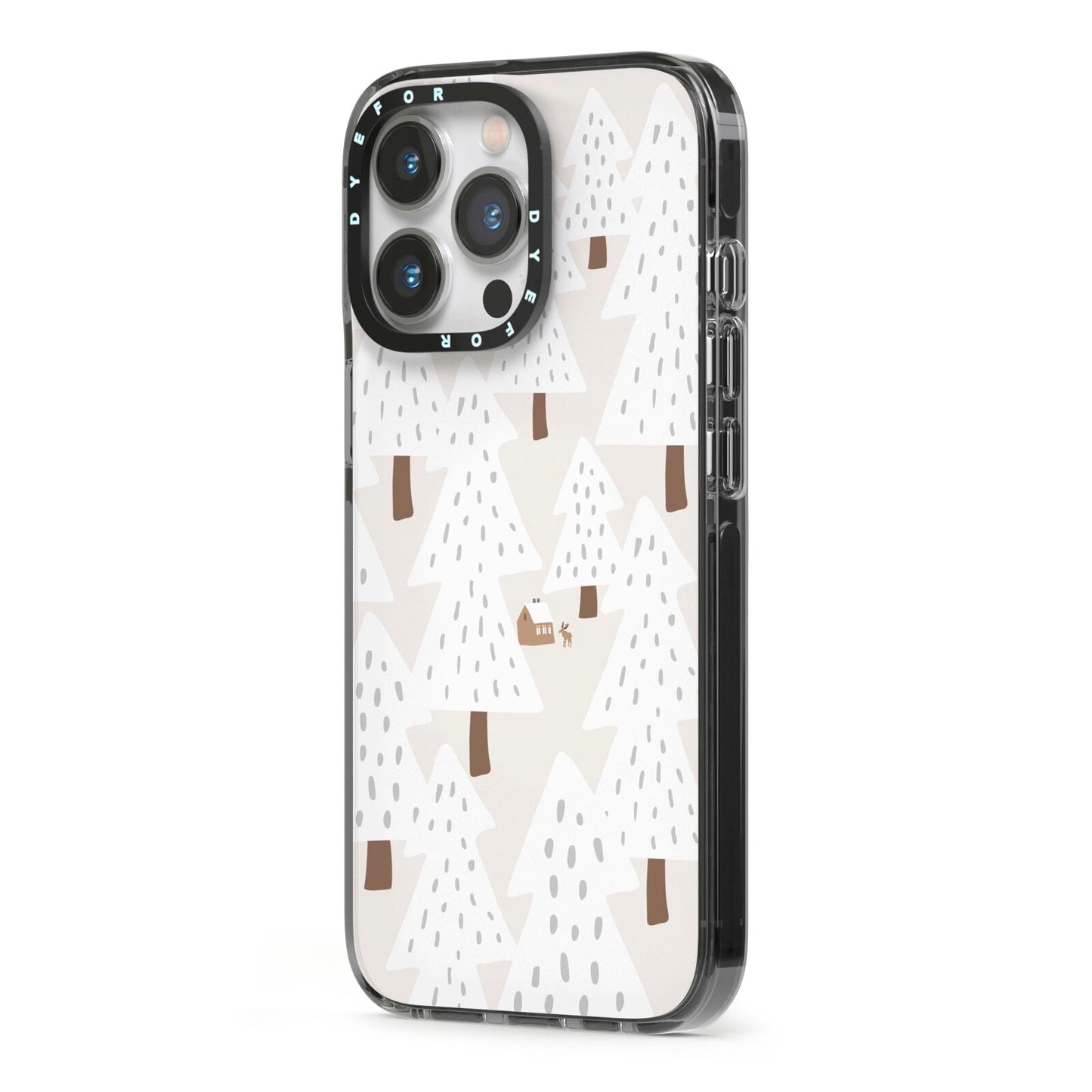 White Christmas Forest iPhone 13 Pro Black Impact Case Side Angle on Silver phone