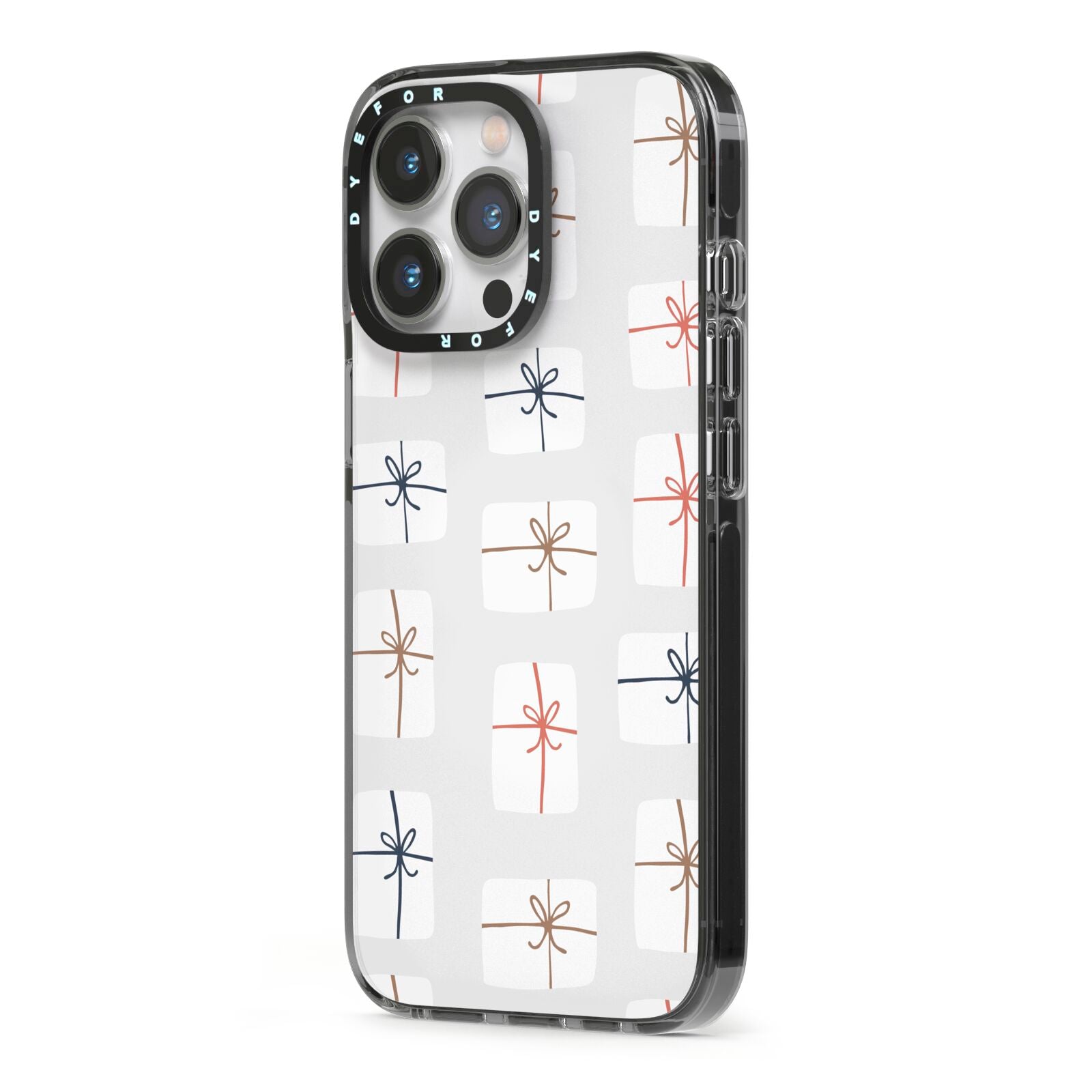 White Christmas Forest iPhone 13 Pro Black Impact Case Side Angle on Silver phone