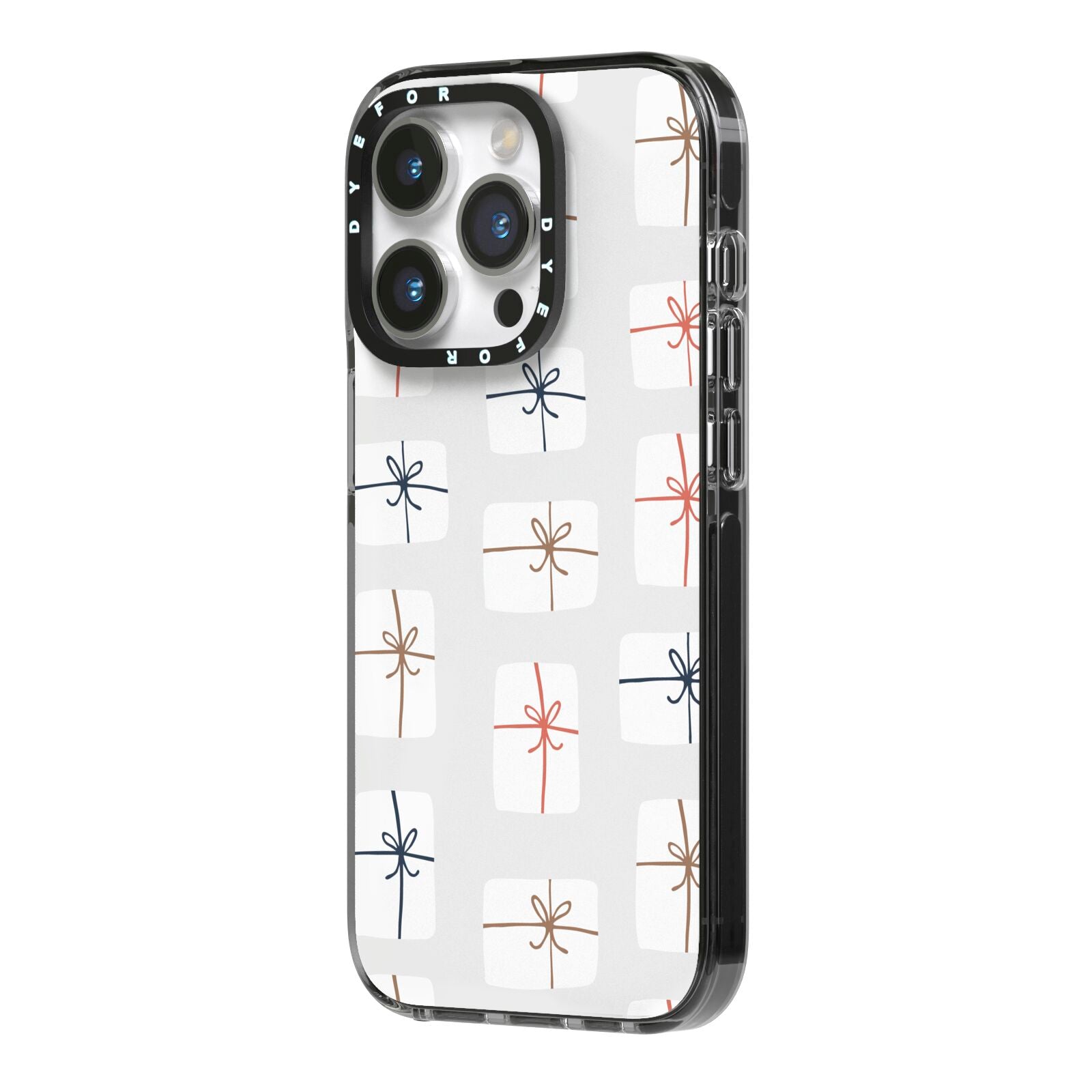 White Christmas Forest iPhone 14 Pro Black Impact Case Side Angle on Silver phone