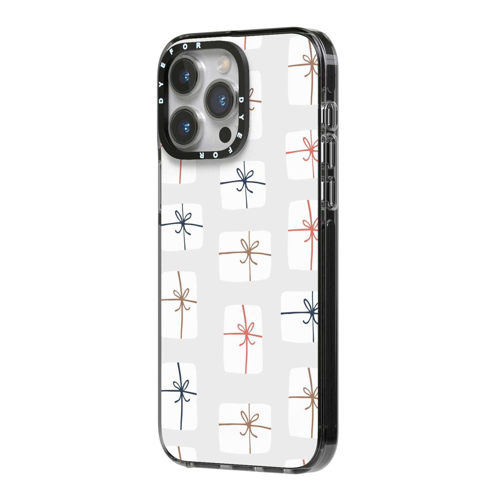 White Christmas Forest iPhone 14 Pro Max Black Impact Case Side Angle on Silver phone