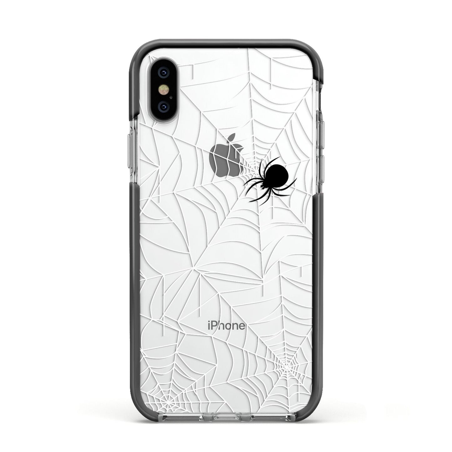White Cobwebs with Transparent Background Apple iPhone Xs Impact Case Black Edge on Silver Phone