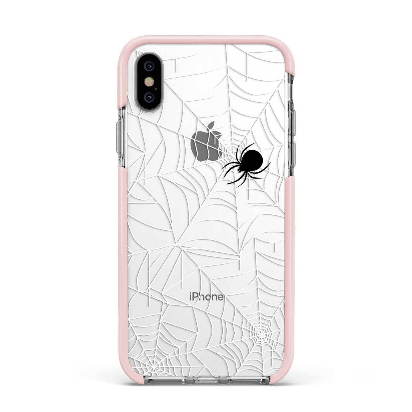 White Cobwebs with Transparent Background Apple iPhone Xs Impact Case Pink Edge on Silver Phone