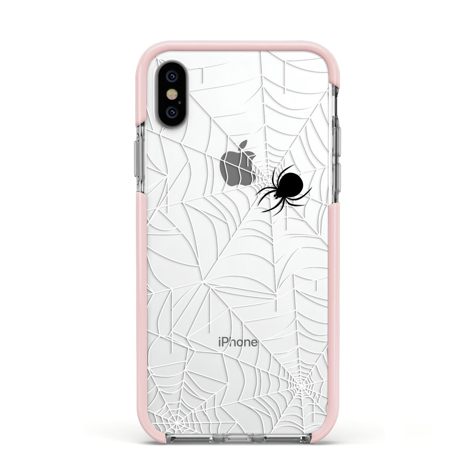 White Cobwebs with Transparent Background Apple iPhone Xs Impact Case Pink Edge on Silver Phone