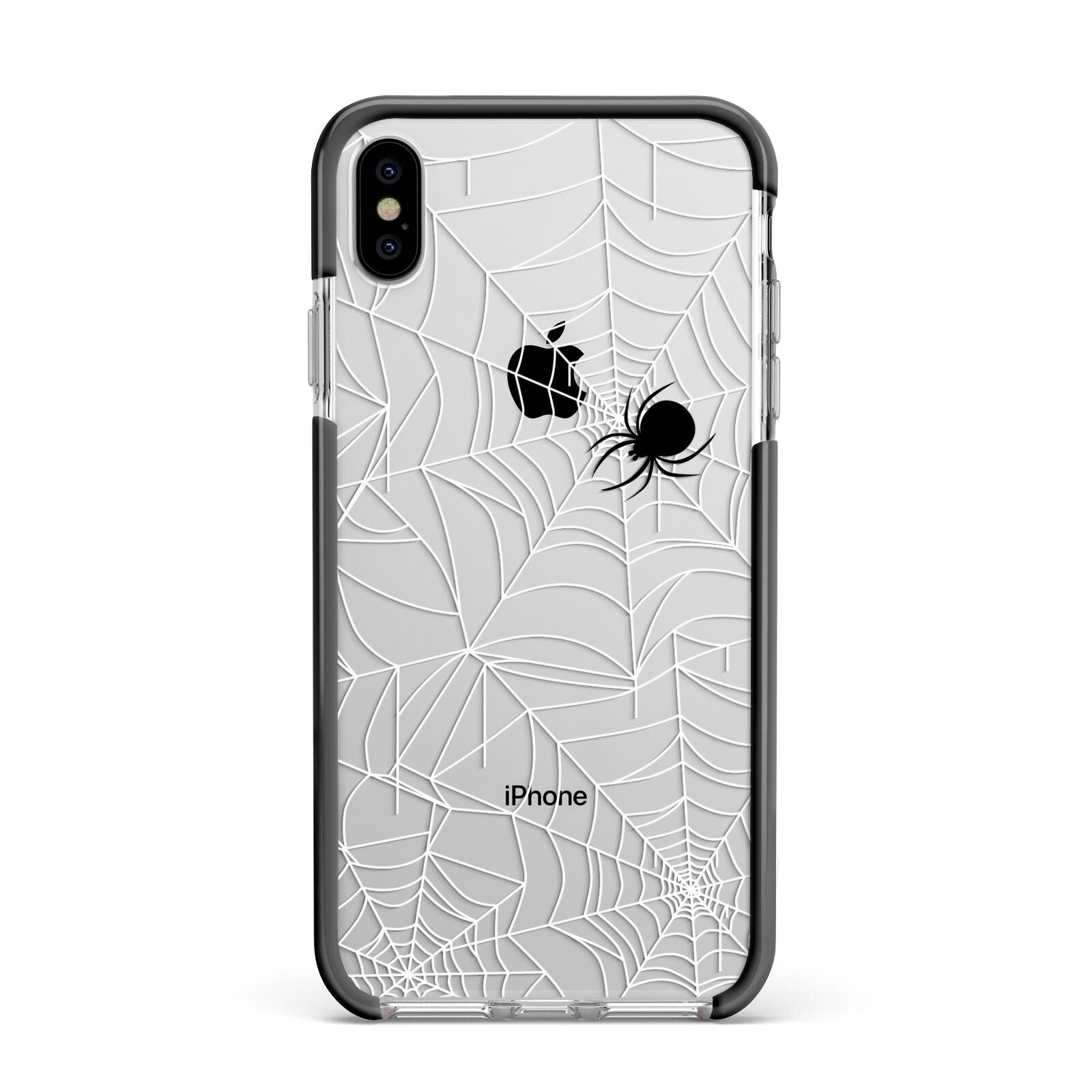 White Cobwebs with Transparent Background Apple iPhone Xs Max Impact Case Black Edge on Silver Phone