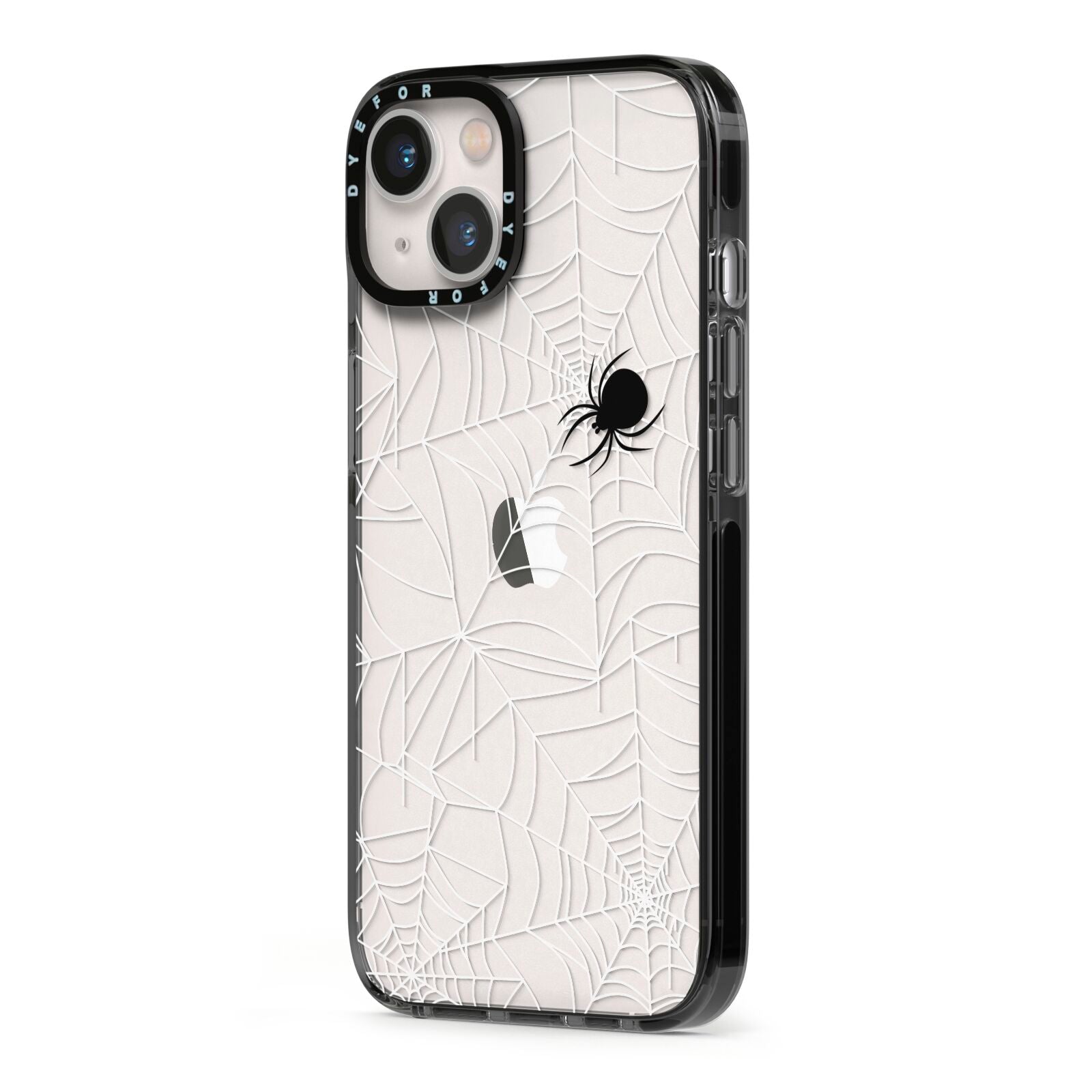 White Cobwebs with Transparent Background iPhone 13 Black Impact Case Side Angle on Silver phone