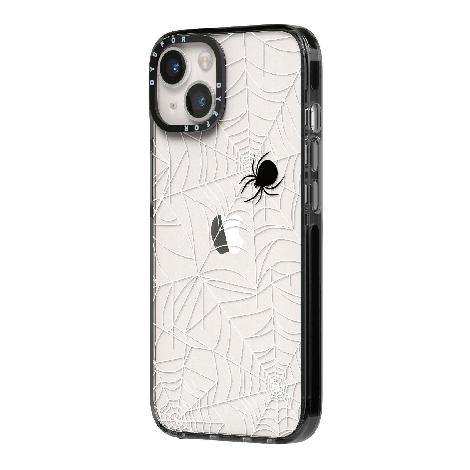White Cobwebs with Transparent Background iPhone 14 Black Impact Case Side Angle on Silver phone