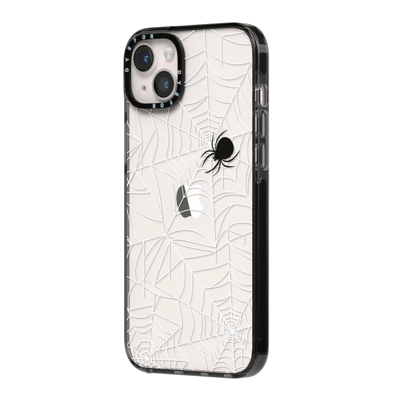 White Cobwebs with Transparent Background iPhone 14 Plus Black Impact Case Side Angle on Silver phone