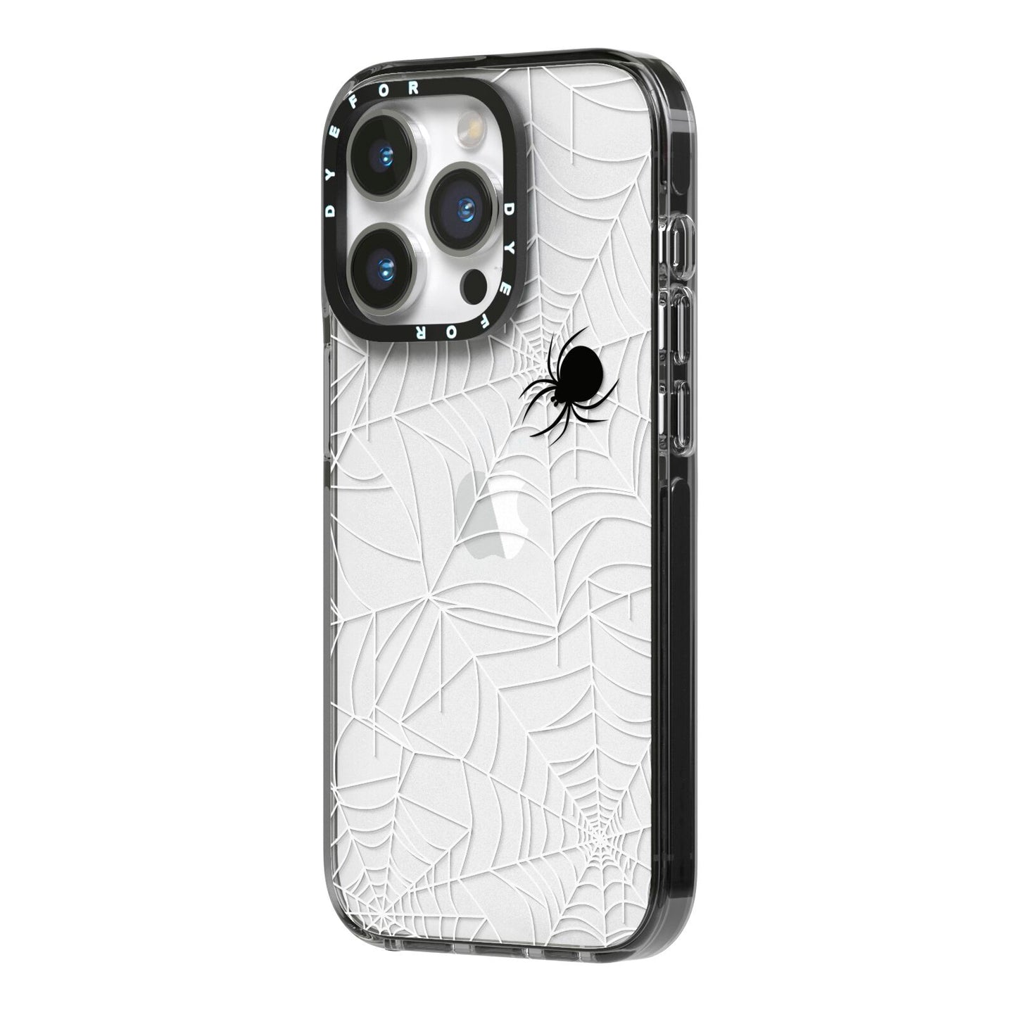 White Cobwebs with Transparent Background iPhone 14 Pro Black Impact Case Side Angle on Silver phone