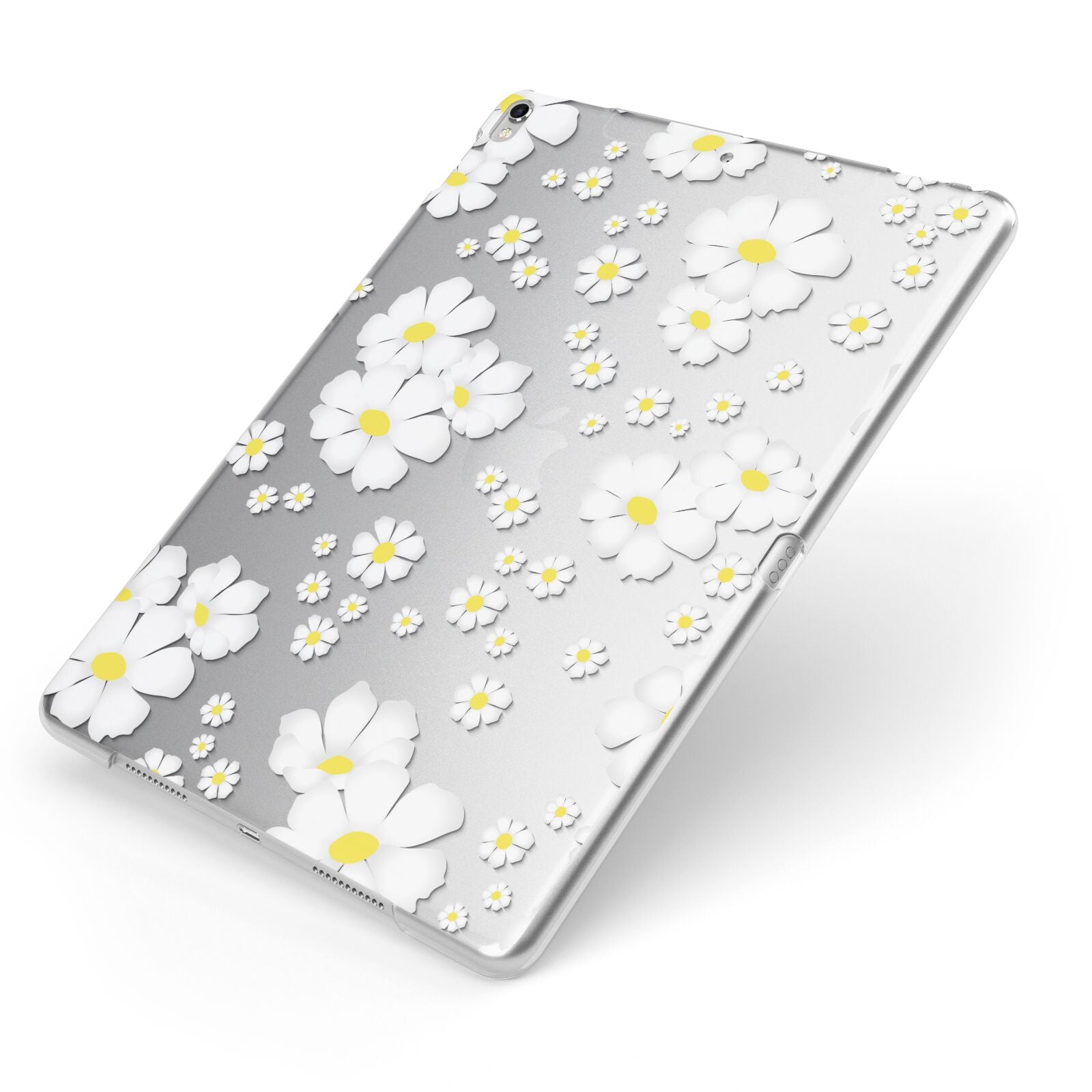 White Daisy Flower Apple iPad Case on Silver iPad Side View