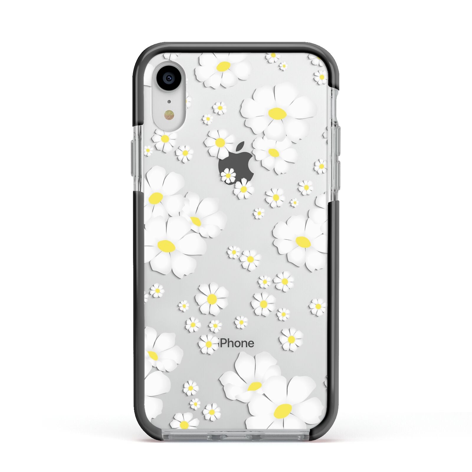 White Daisy Flower Apple iPhone XR Impact Case Black Edge on Silver Phone