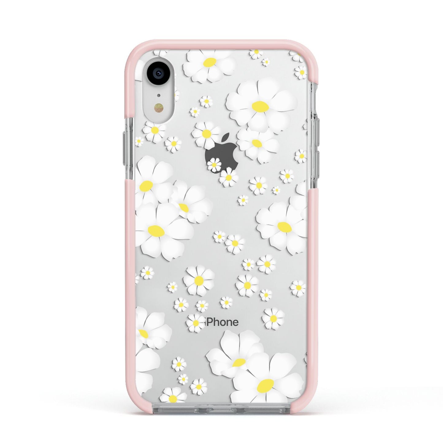 White Daisy Flower Apple iPhone XR Impact Case Pink Edge on Silver Phone