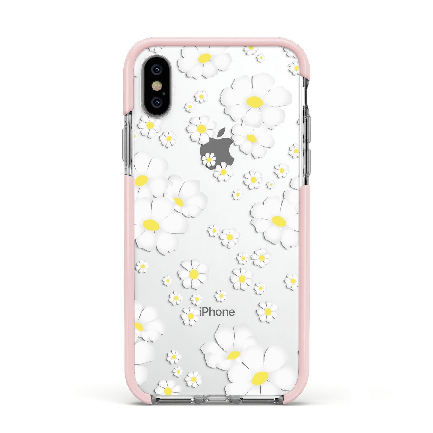 White Daisy Flower Apple iPhone Xs Impact Case Pink Edge on Silver Phone