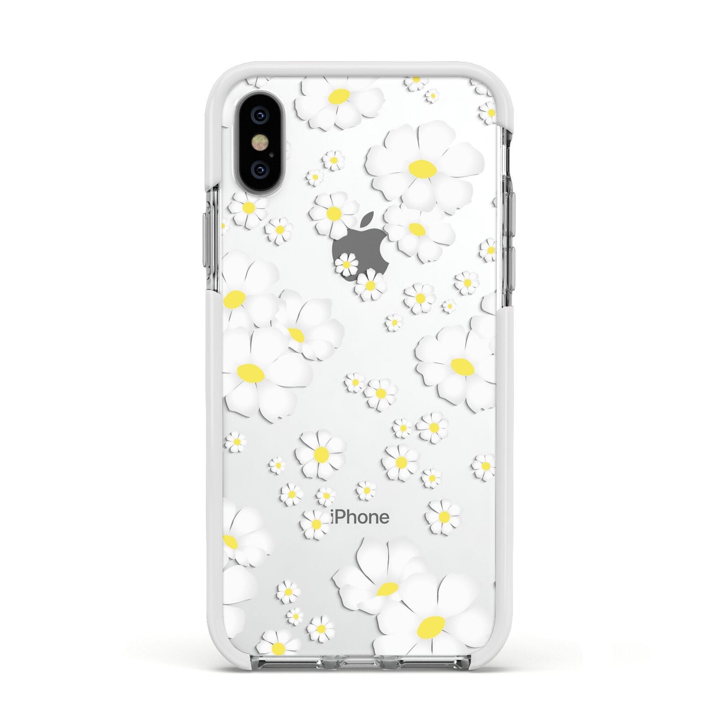 White Daisy Flower Apple iPhone Xs Impact Case White Edge on Silver Phone