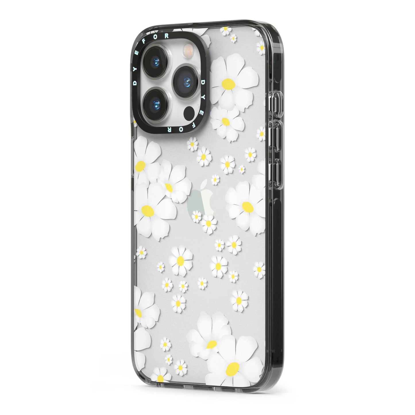 White Daisy Flower iPhone 13 Pro Black Impact Case Side Angle on Silver phone