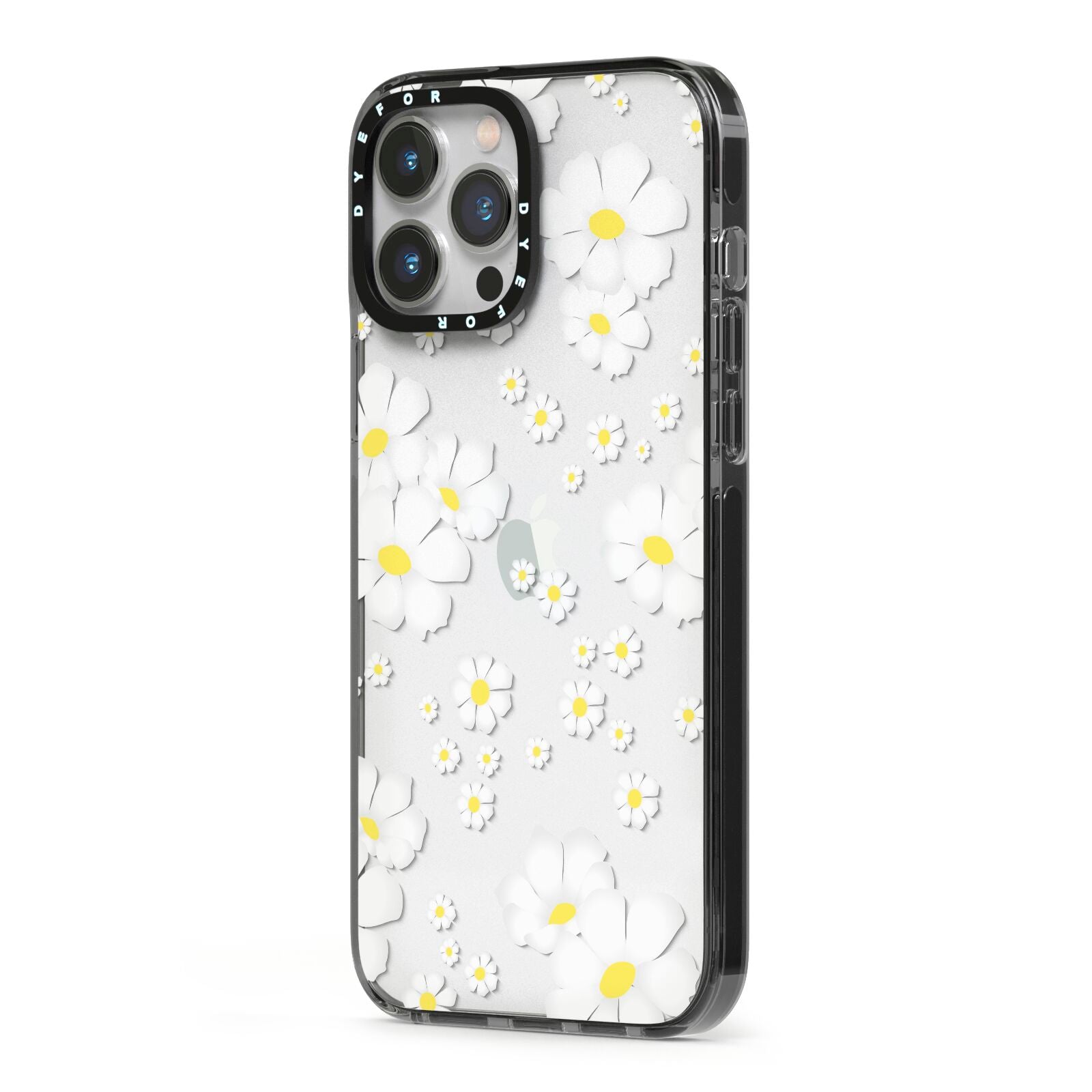White Daisy Flower iPhone 13 Pro Max Black Impact Case Side Angle on Silver phone