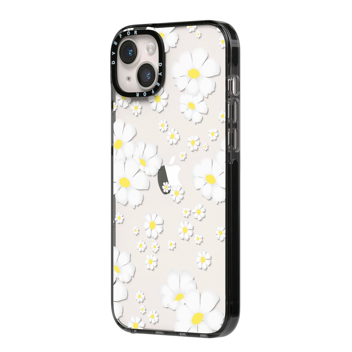 White Daisy Flower iPhone 14 Plus Black Impact Case Side Angle on Silver phone