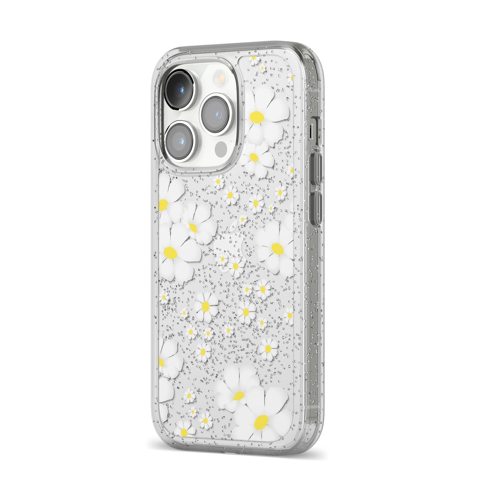 White Daisy Flower iPhone 14 Pro Glitter Tough Case Silver Angled Image