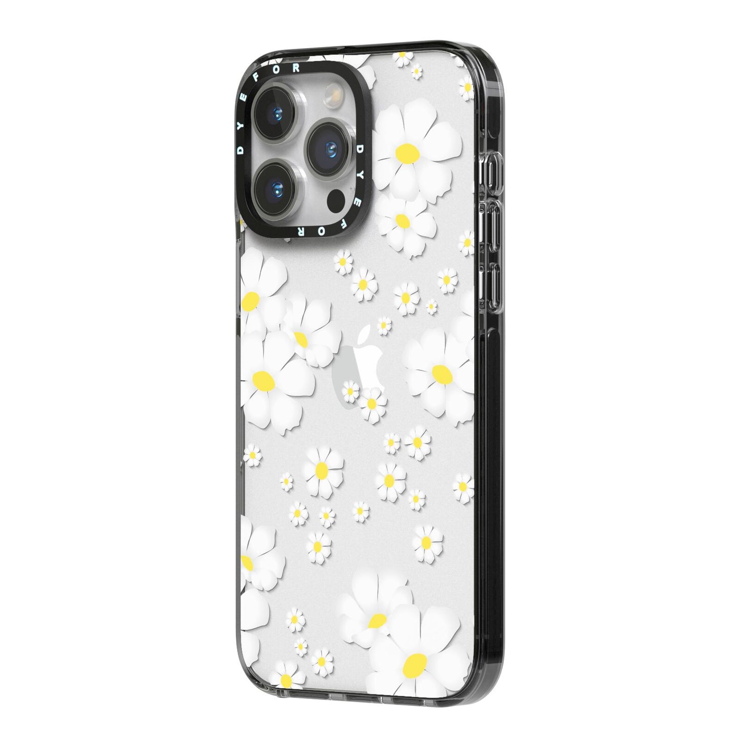 White Daisy Flower iPhone 14 Pro Max Black Impact Case Side Angle on Silver phone