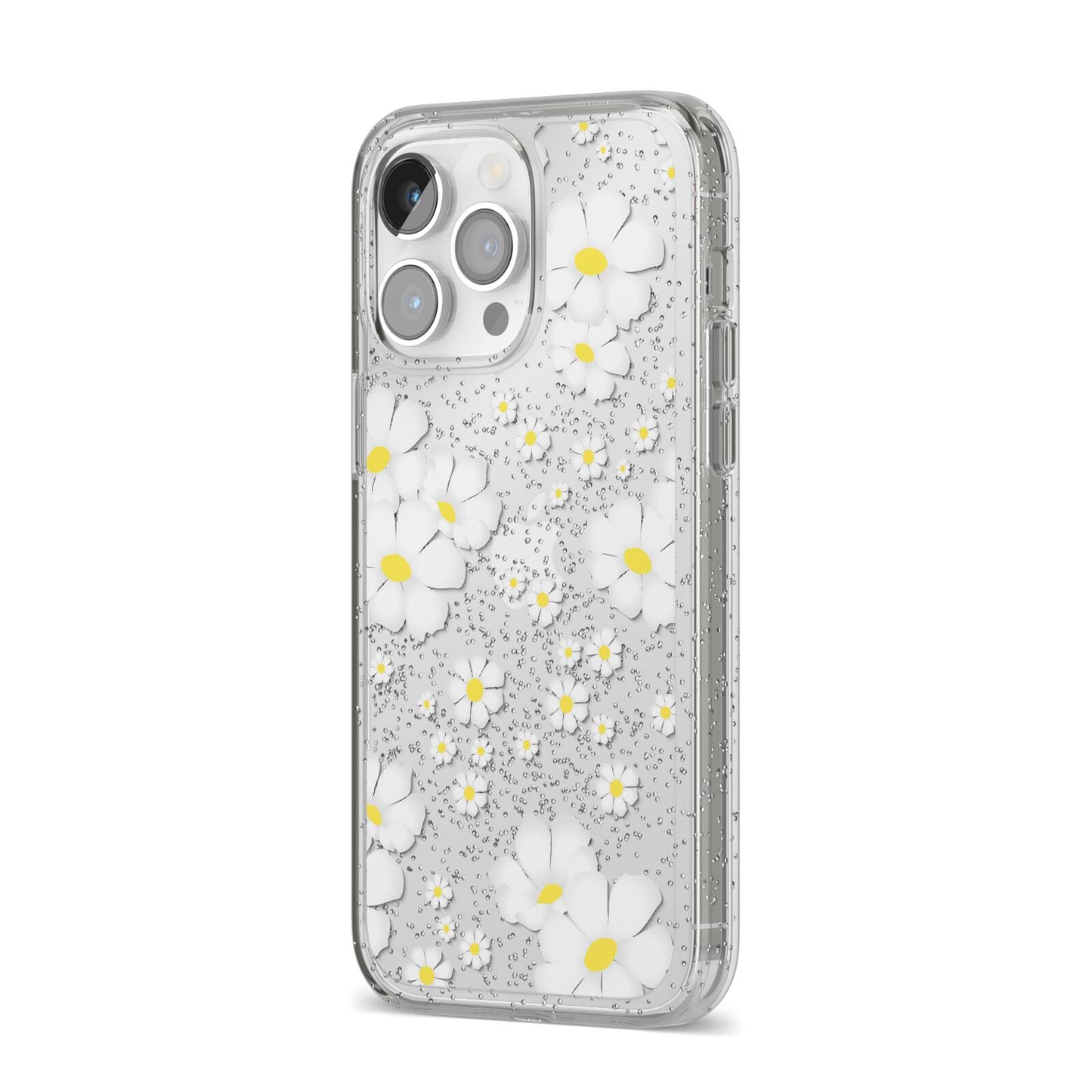White Daisy Flower iPhone 14 Pro Max Glitter Tough Case Silver Angled Image