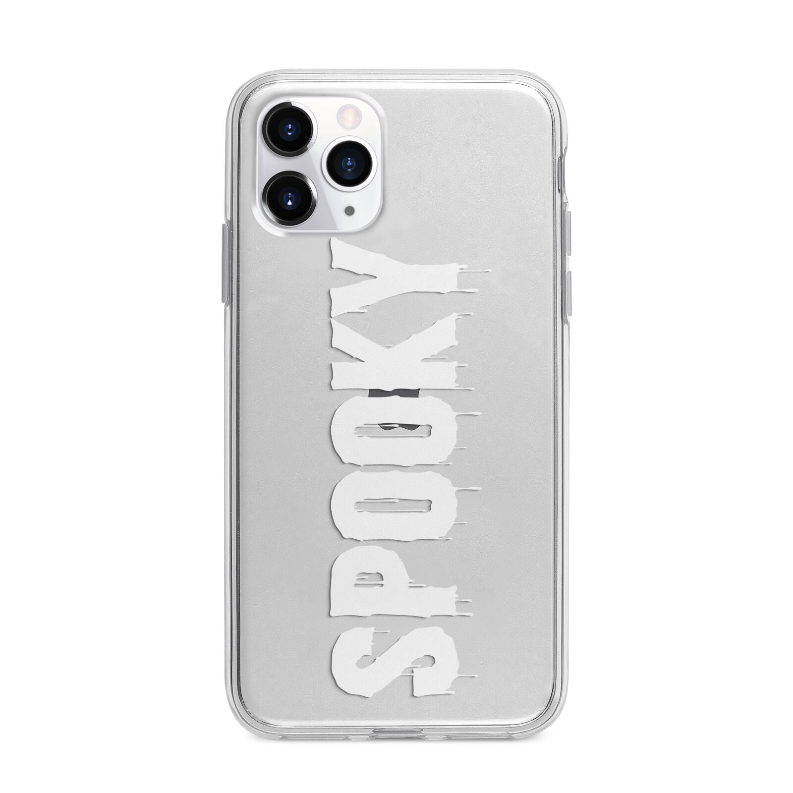 White Dripping Spooky Text Apple iPhone 11 Pro Max in Silver with Bumper Case