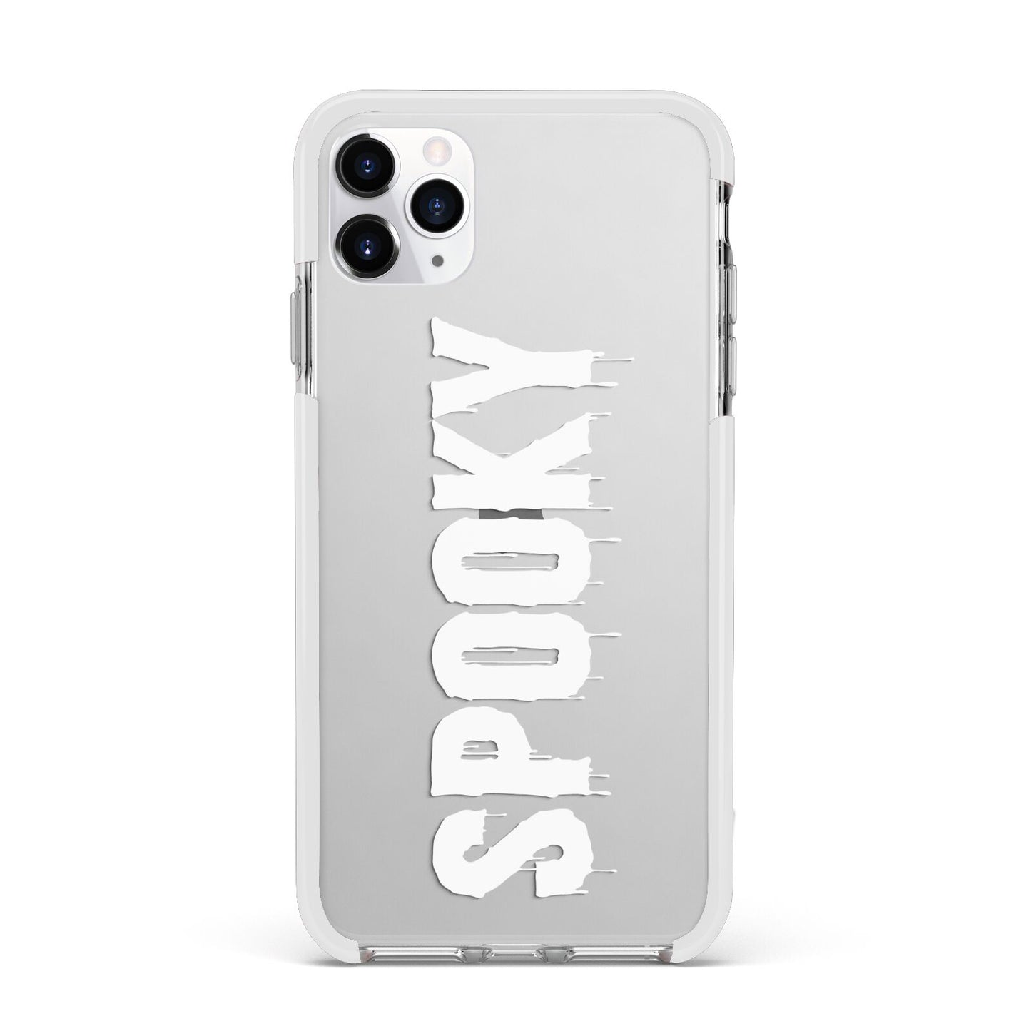 White Dripping Spooky Text Apple iPhone 11 Pro Max in Silver with White Impact Case