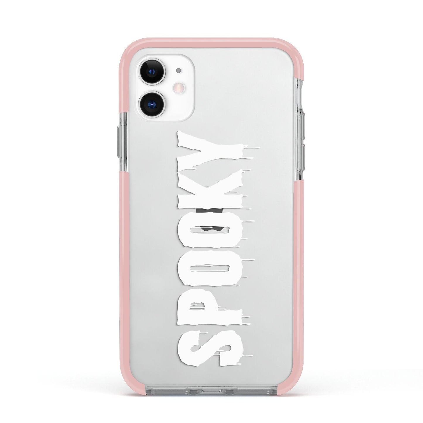 White Dripping Spooky Text Apple iPhone 11 in White with Pink Impact Case