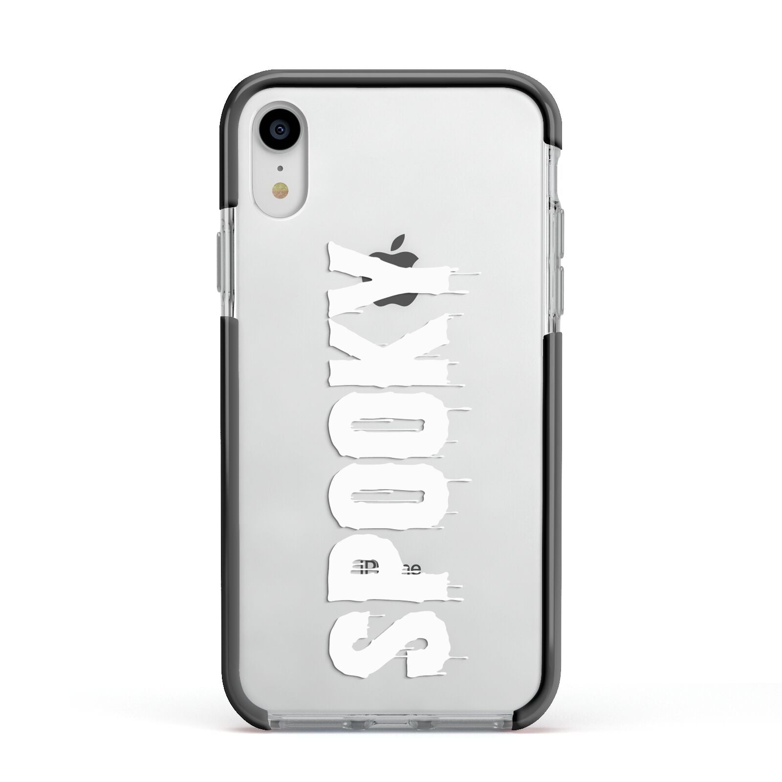 White Dripping Spooky Text Apple iPhone XR Impact Case Black Edge on Silver Phone