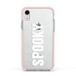 White Dripping Spooky Text Apple iPhone XR Impact Case Pink Edge on Silver Phone