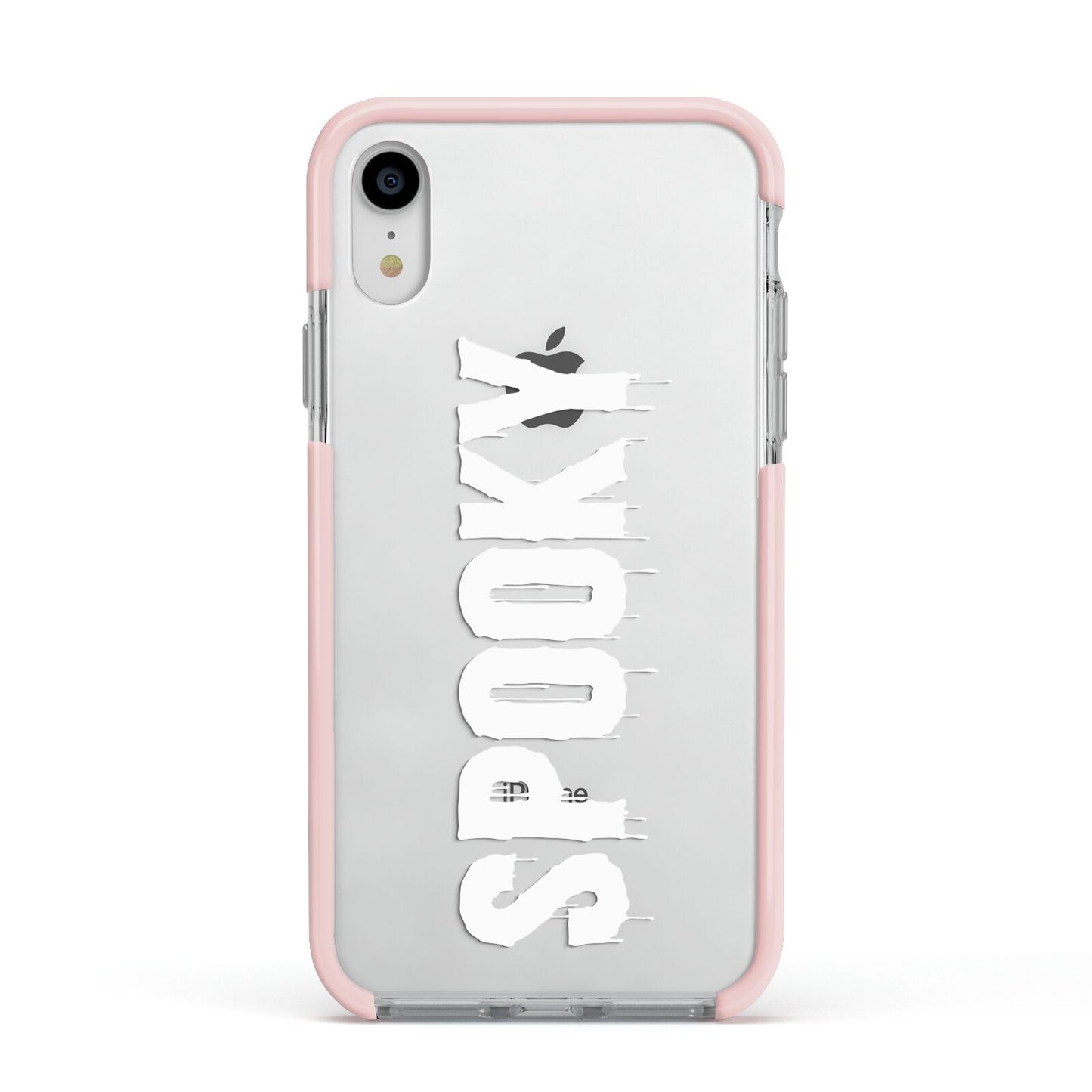 White Dripping Spooky Text Apple iPhone XR Impact Case Pink Edge on Silver Phone