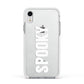 White Dripping Spooky Text Apple iPhone XR Impact Case White Edge on Silver Phone
