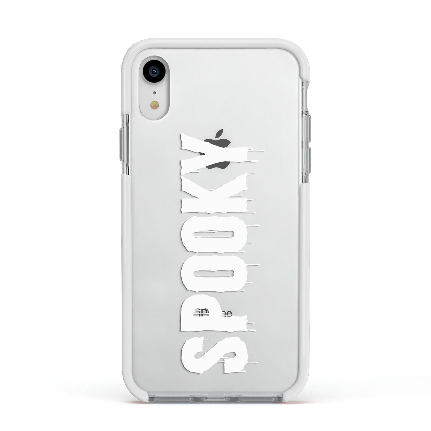 White Dripping Spooky Text Apple iPhone XR Impact Case White Edge on Silver Phone