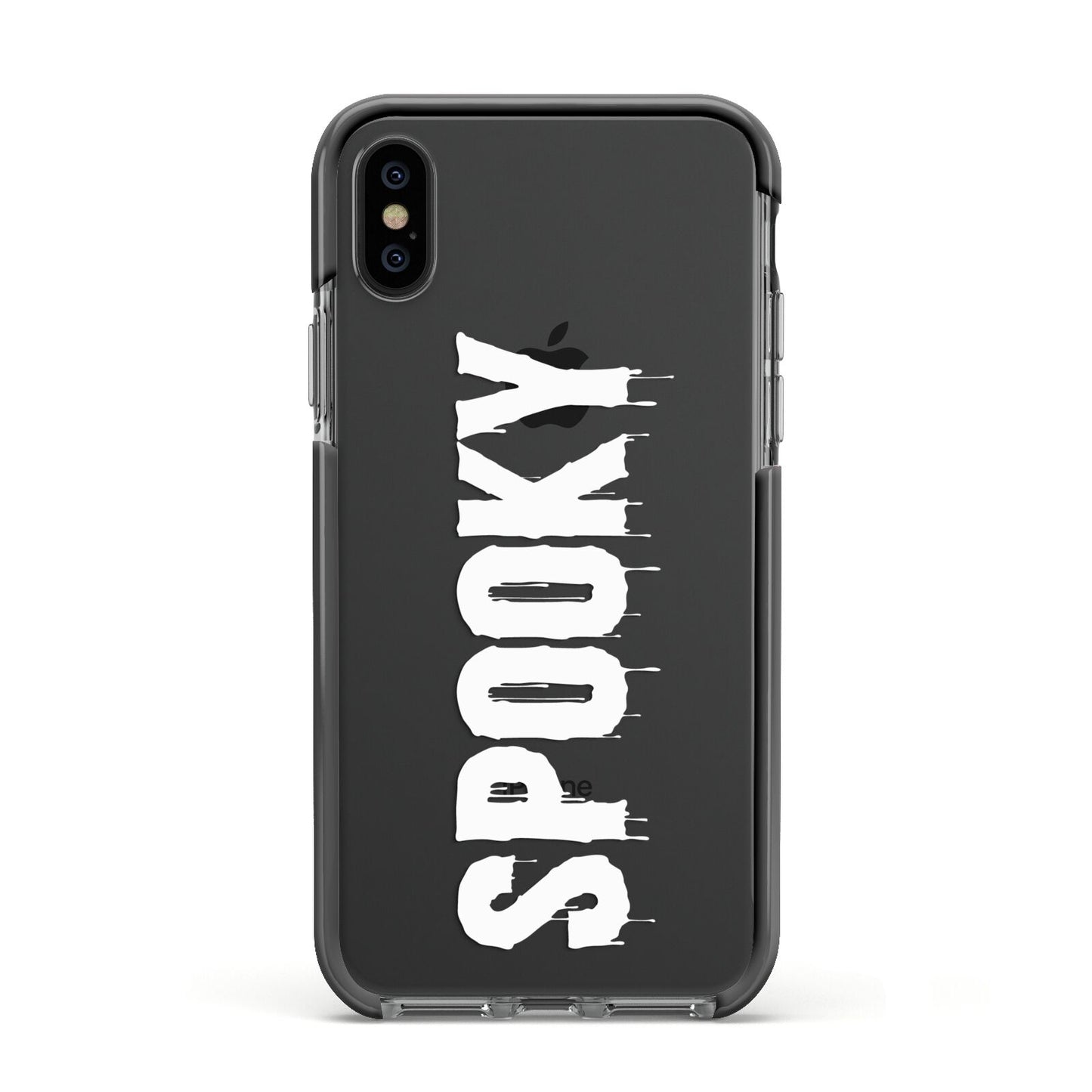 White Dripping Spooky Text Apple iPhone Xs Impact Case Black Edge on Black Phone