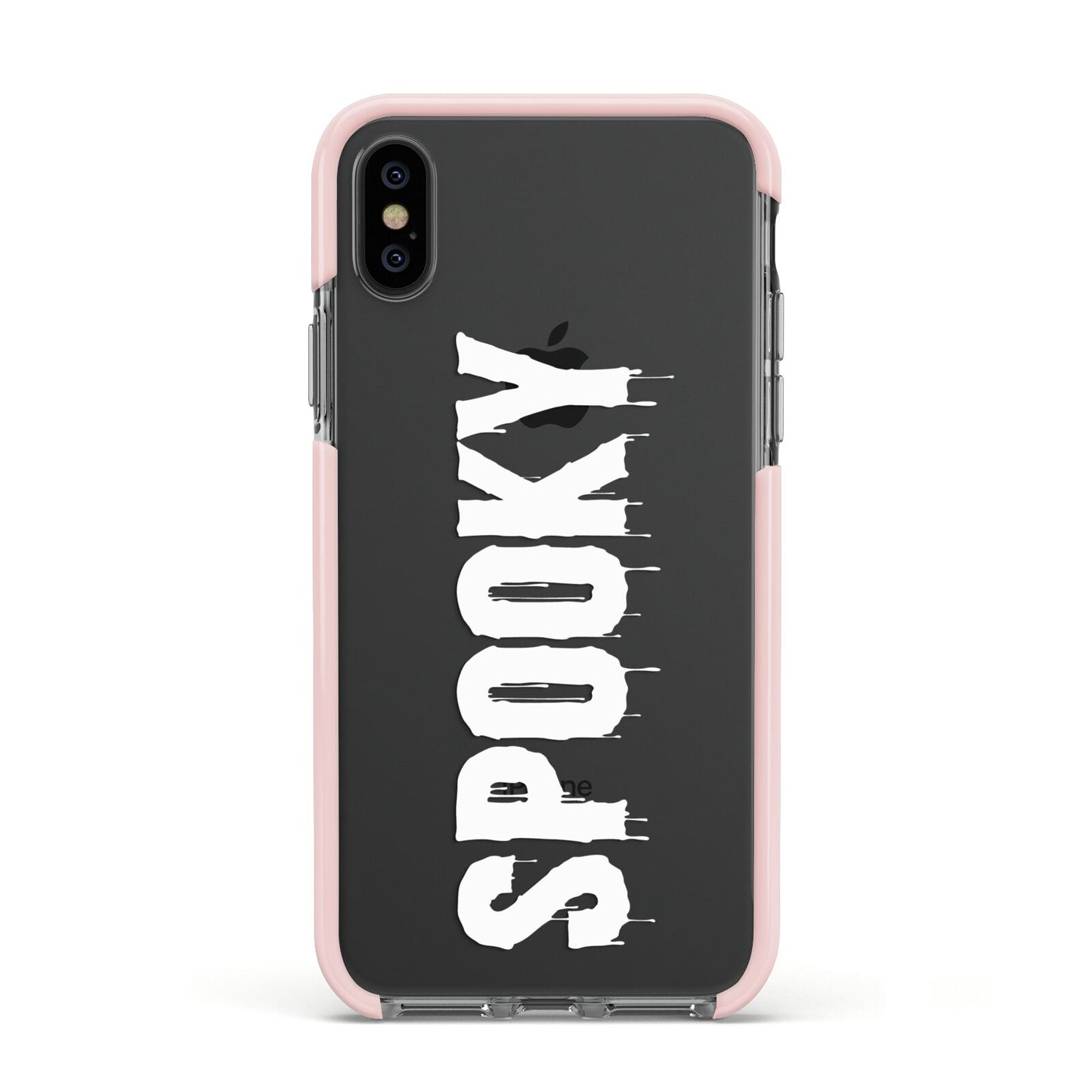 White Dripping Spooky Text Apple iPhone Xs Impact Case Pink Edge on Black Phone