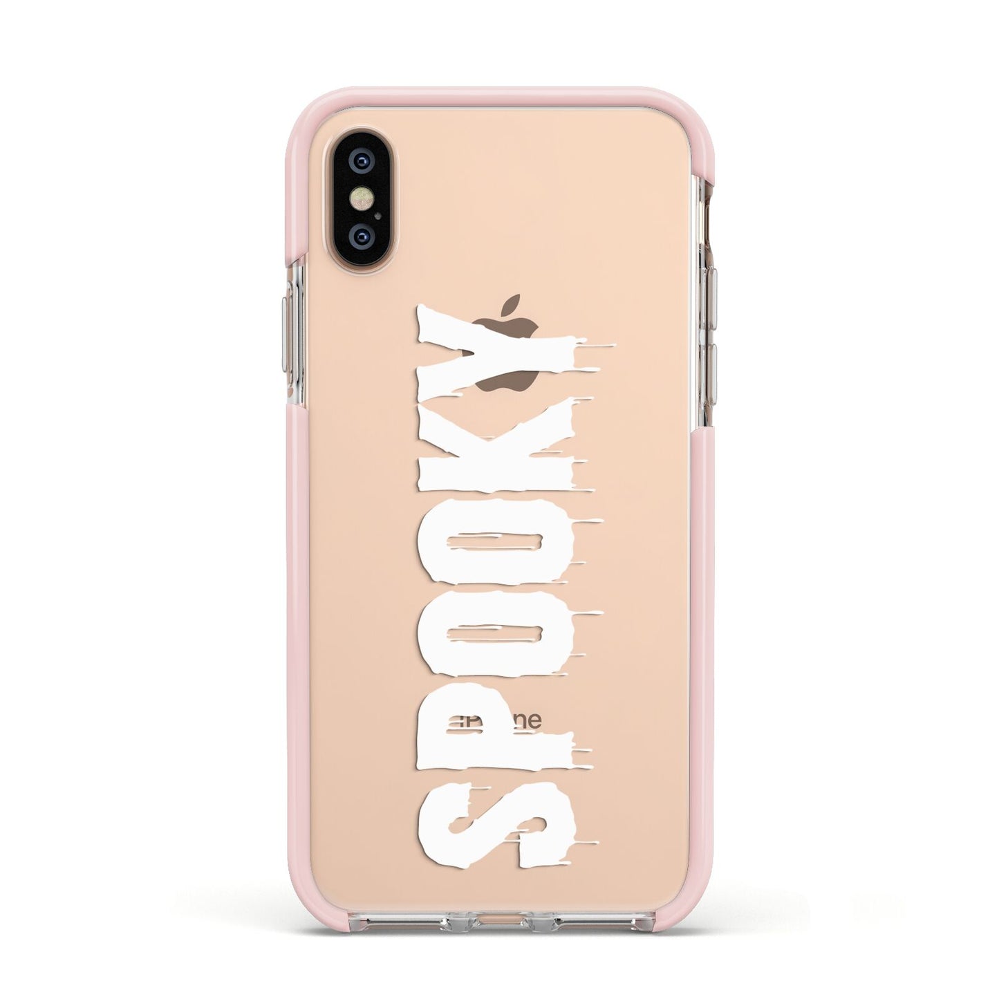 White Dripping Spooky Text Apple iPhone Xs Impact Case Pink Edge on Gold Phone