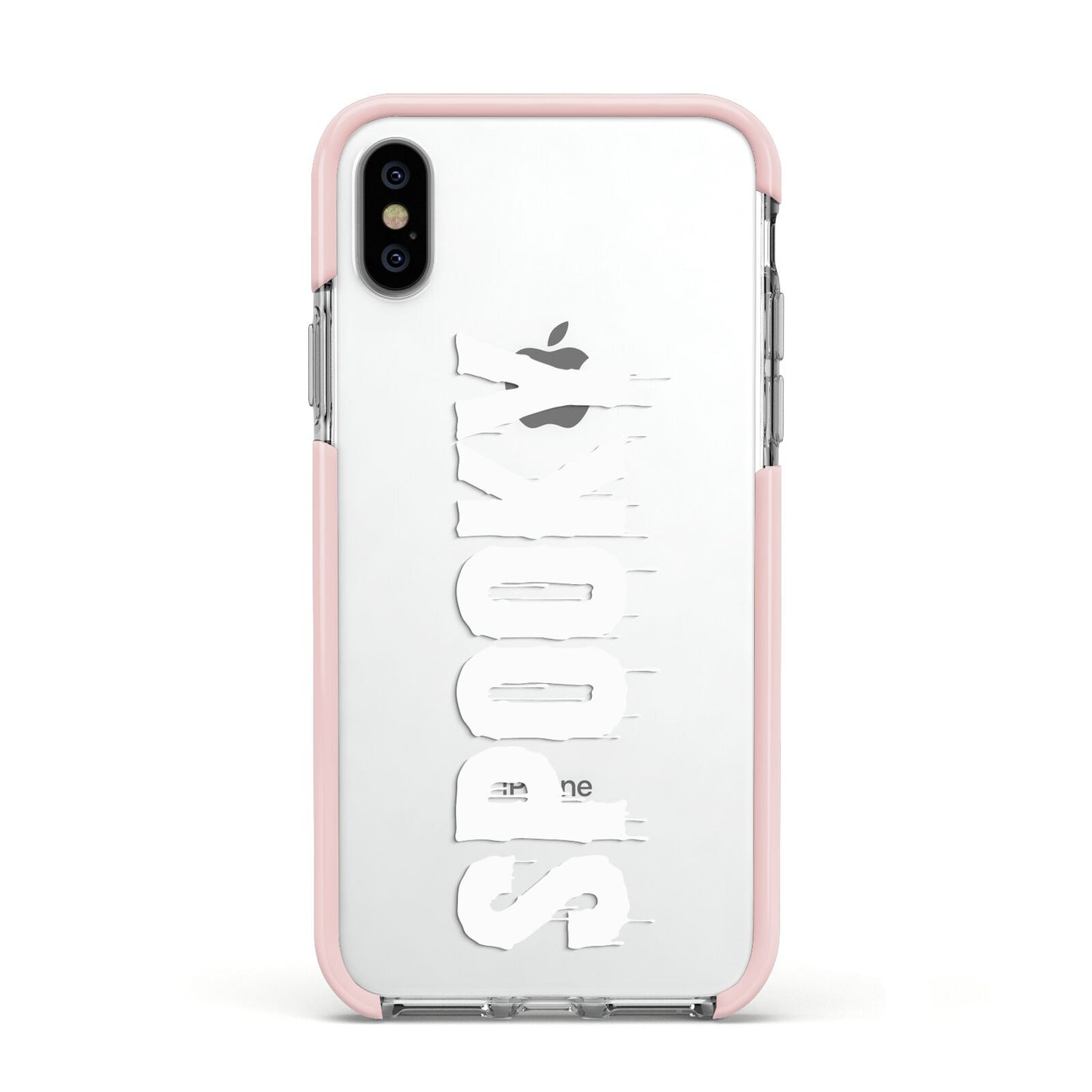 White Dripping Spooky Text Apple iPhone Xs Impact Case Pink Edge on Silver Phone