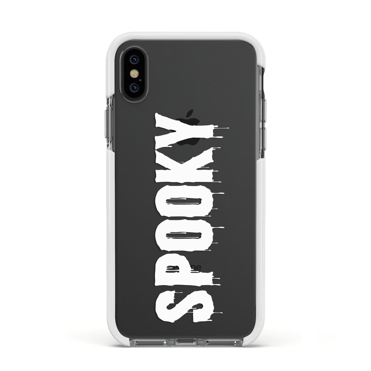 White Dripping Spooky Text Apple iPhone Xs Impact Case White Edge on Black Phone