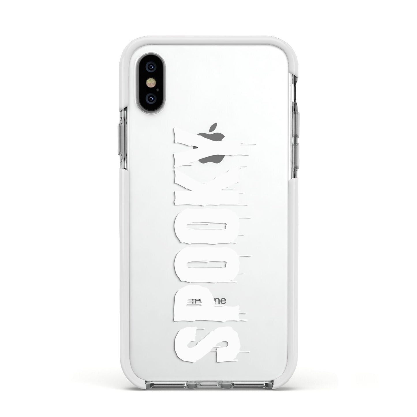 White Dripping Spooky Text Apple iPhone Xs Impact Case White Edge on Silver Phone