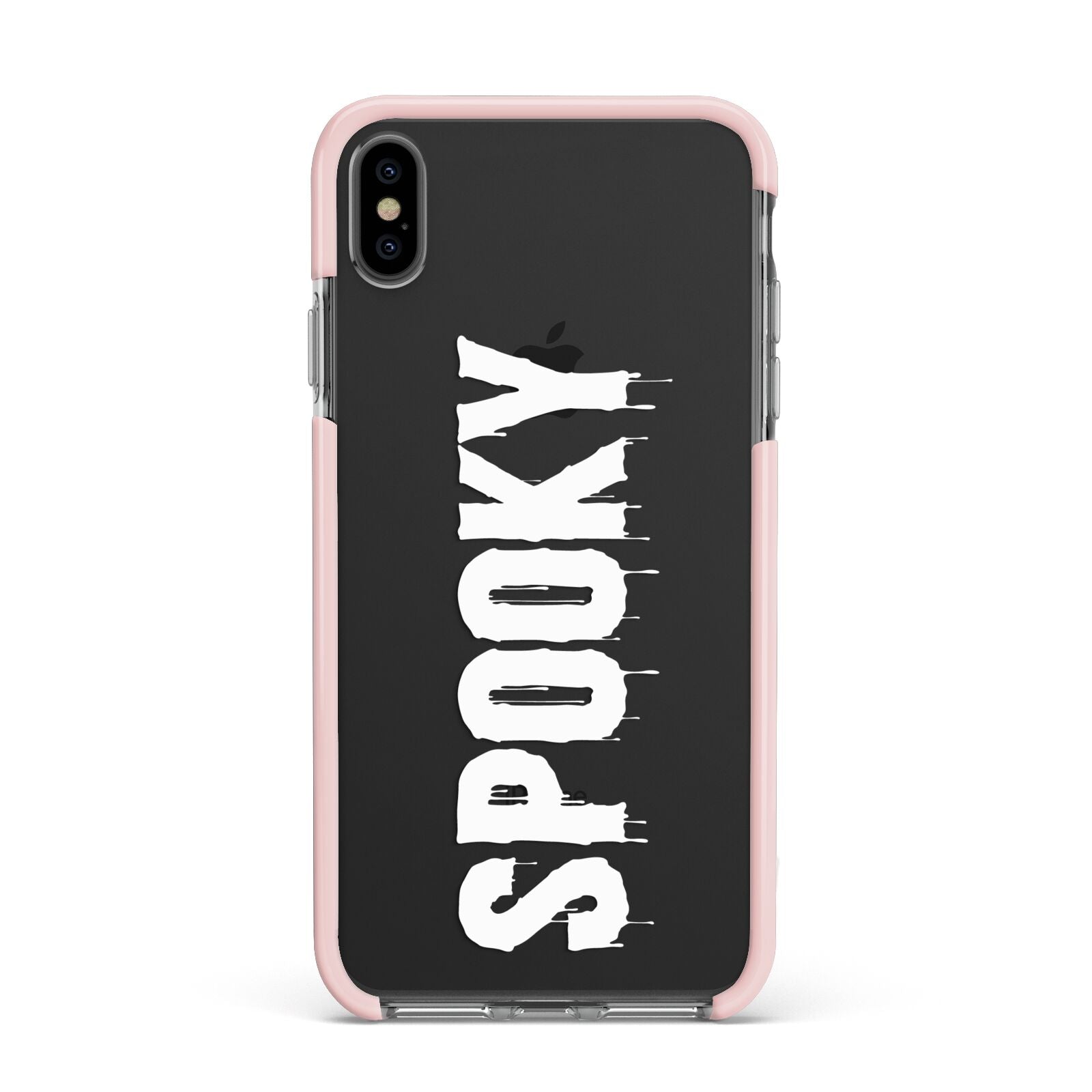 White Dripping Spooky Text Apple iPhone Xs Max Impact Case Pink Edge on Black Phone