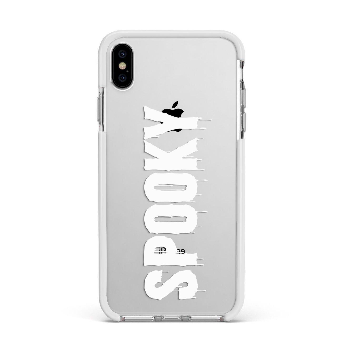 White Dripping Spooky Text Apple iPhone Xs Max Impact Case White Edge on Silver Phone