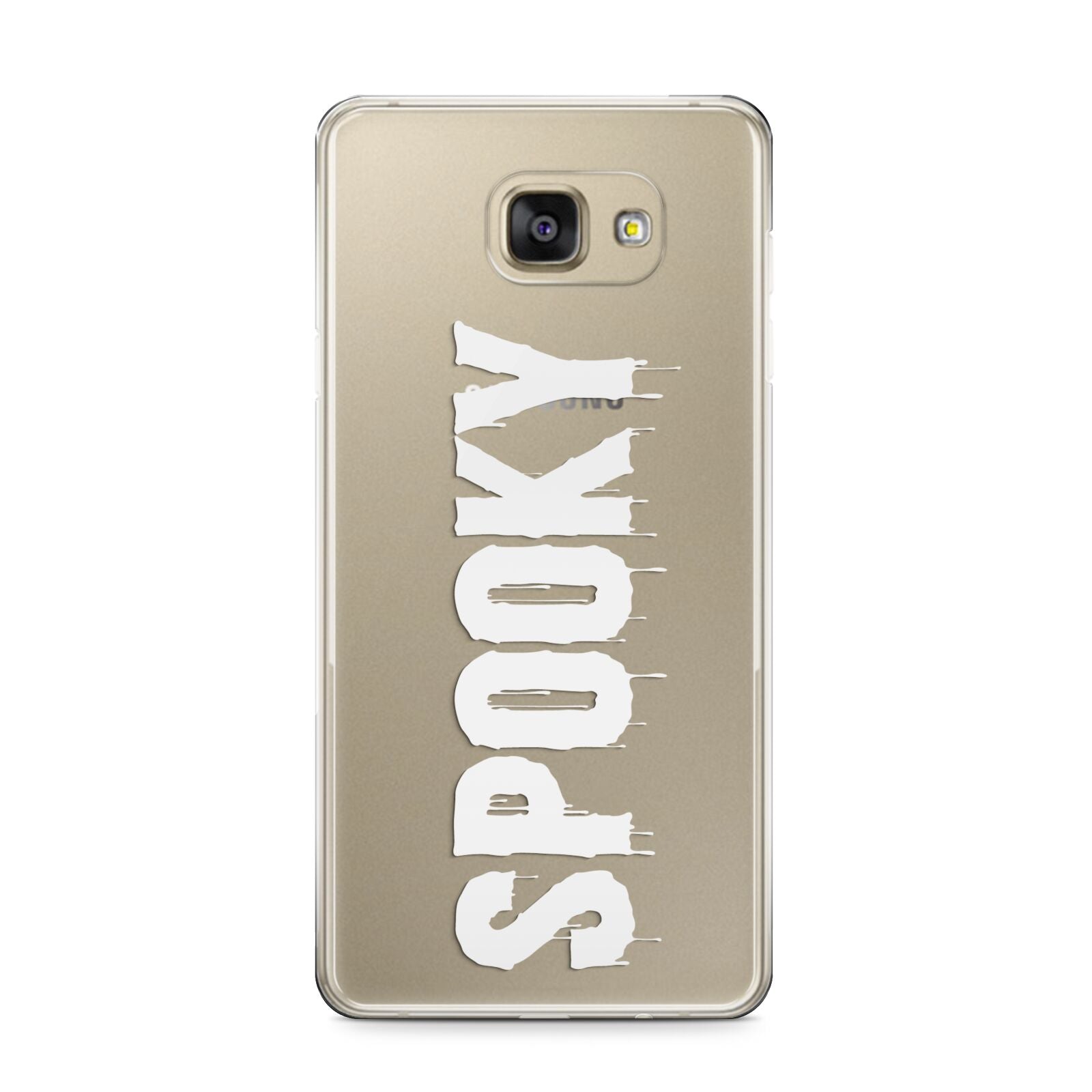 White Dripping Spooky Text Samsung Galaxy A9 2016 Case on gold phone