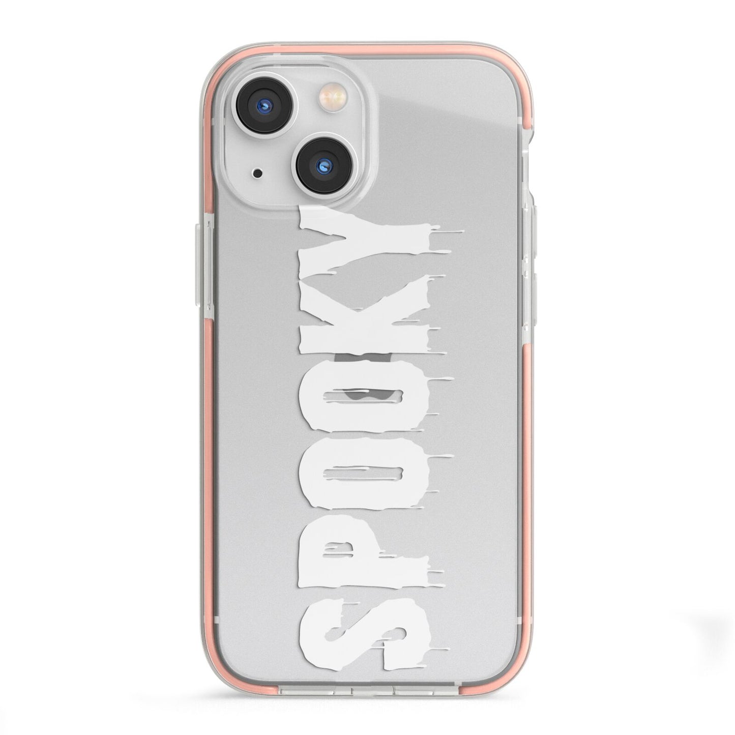White Dripping Spooky Text iPhone 13 Mini TPU Impact Case with Pink Edges