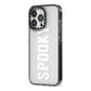 White Dripping Spooky Text iPhone 13 Pro Black Impact Case Side Angle on Silver phone