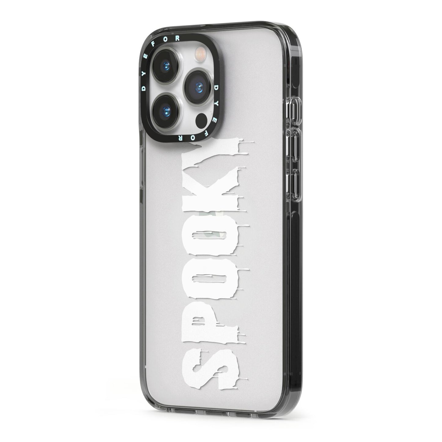 White Dripping Spooky Text iPhone 13 Pro Black Impact Case Side Angle on Silver phone