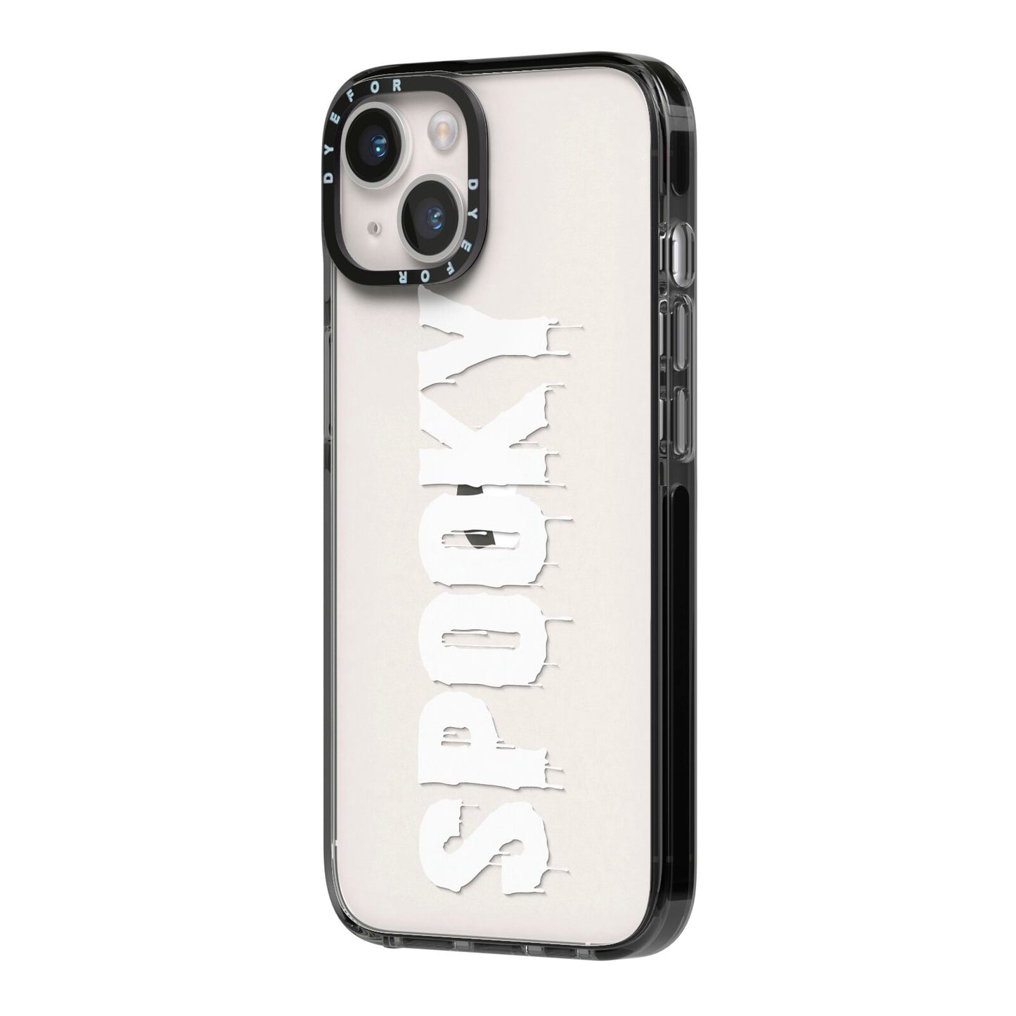White Dripping Spooky Text iPhone 14 Black Impact Case Side Angle on Silver phone