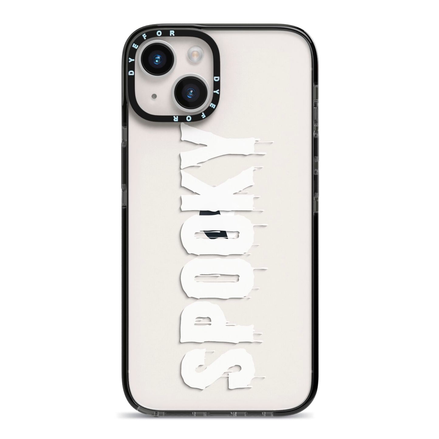 White Dripping Spooky Text iPhone 14 Black Impact Case on Silver phone