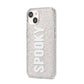 White Dripping Spooky Text iPhone 14 Glitter Tough Case Starlight Angled Image