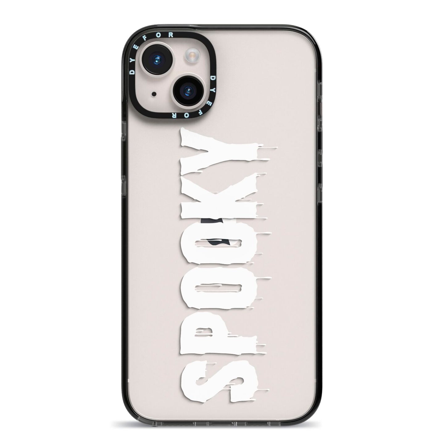 White Dripping Spooky Text iPhone 14 Plus Black Impact Case on Silver phone
