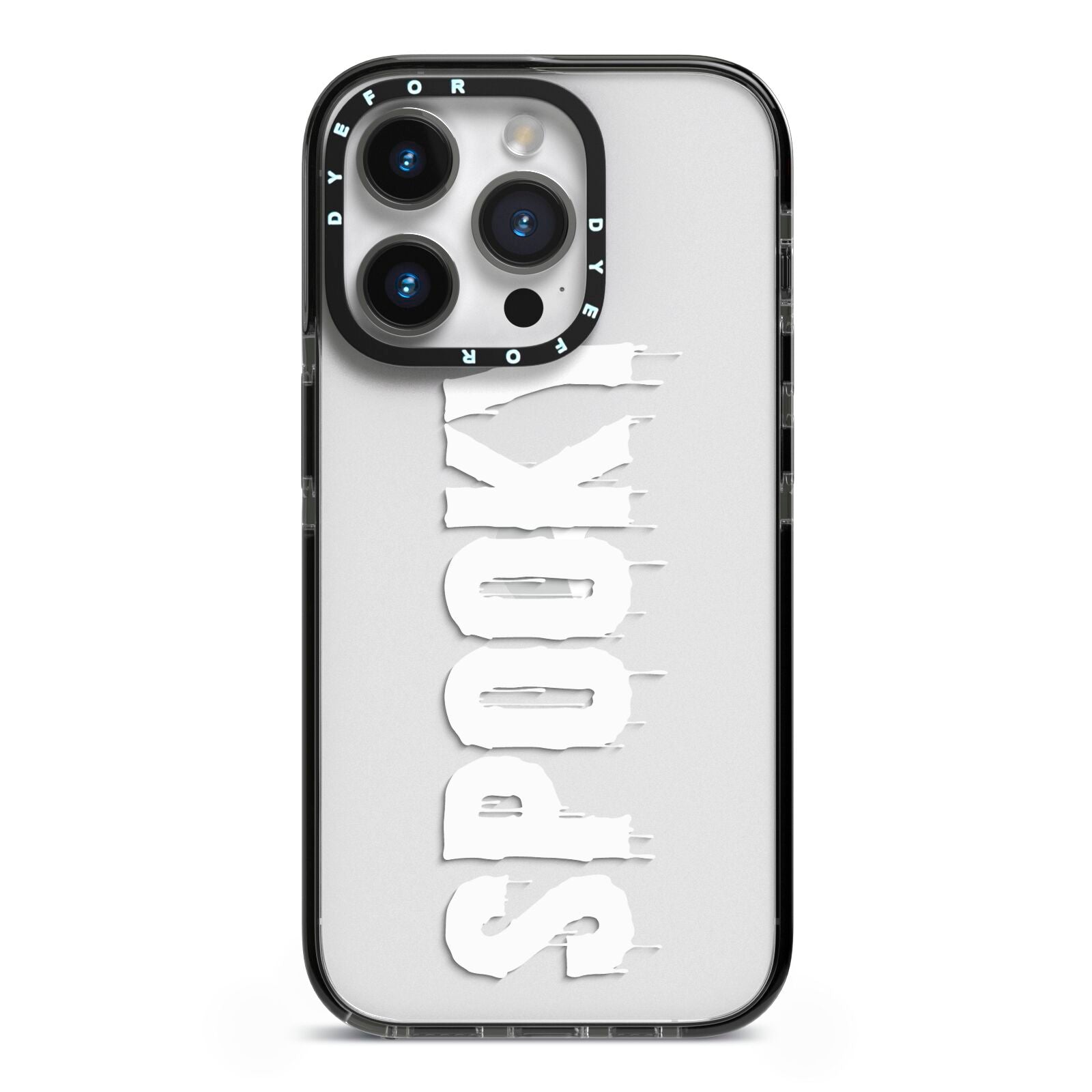 White Dripping Spooky Text iPhone 14 Pro Black Impact Case on Silver phone