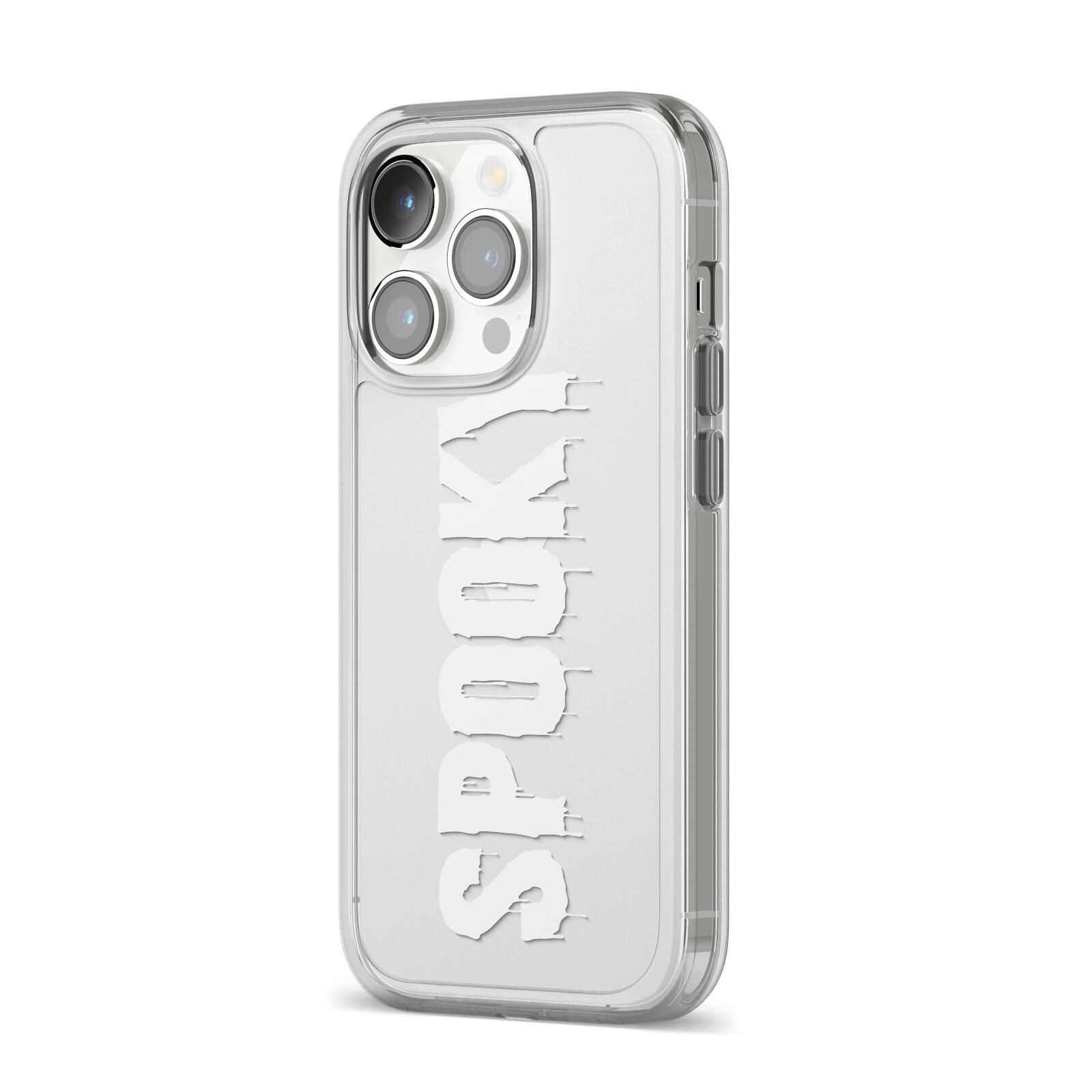 White Dripping Spooky Text iPhone 14 Pro Clear Tough Case Silver Angled Image